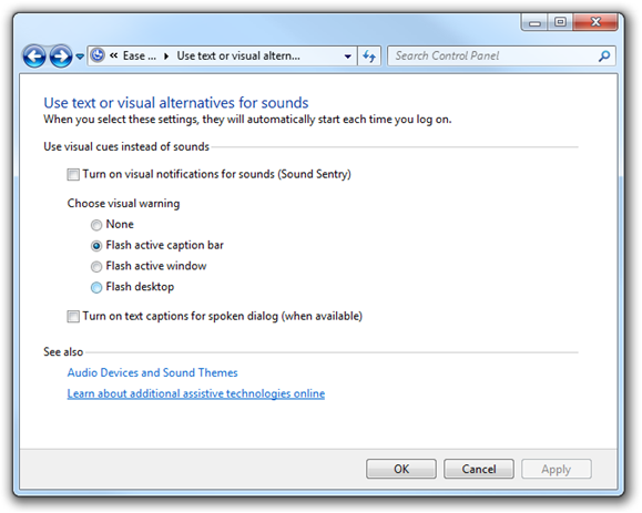 screen shot of the use text or visual alternatives for sounds screen in the ease of access center