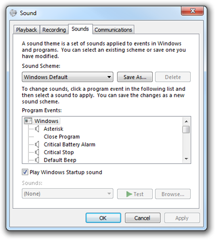 screen shot of the sound options dialog box with the sounds tab open