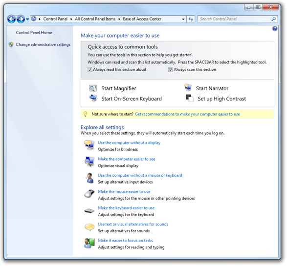 screen shot of the ease of access center screen in control panel