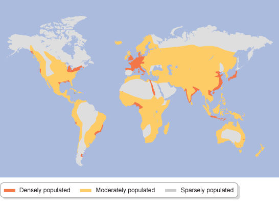 map of the world showing population density