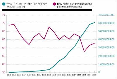 image contrasting the number of minutes of cell phone use per day in the united states (blue line) with the number of new brain cancer diagnoses (red line) from 1991-2008.