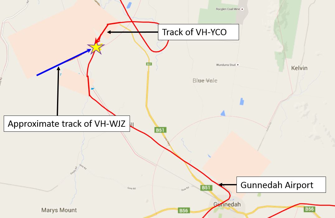 map image showing actual track of yco and approximate track of wjz and location of near collision