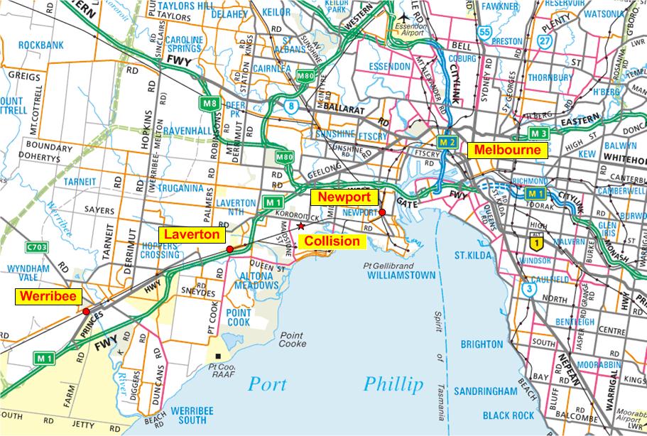 figure 1: location map – showing train line from werribee to melbourne and location of collision