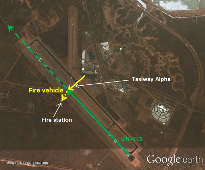 figure 1: port hedland airport showing the path of vh kls (green) and the fire vehicle (yellow)