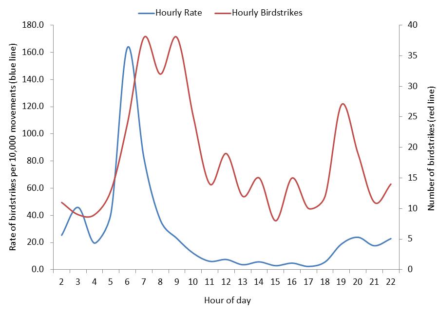 figure 49: total hourly birdstrike counts and rates per 10,000 movements for darwin aerodrome, 2010 – 2013. the strike rate is displayed in blue (left side axis); the strike count is displayed in red (right side axis).