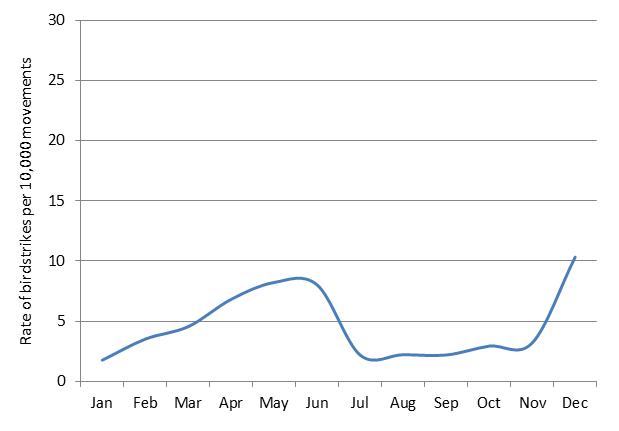 figure 77: monthly birdstrike rates for launceston aerodrome, 2004 - 2013