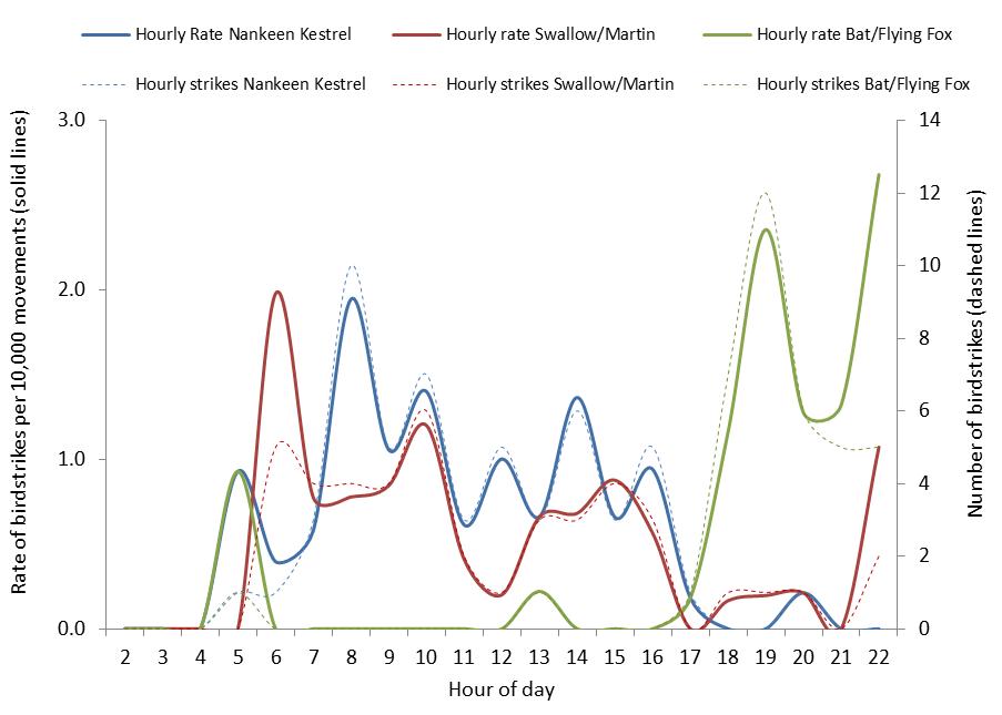 figure 44: hourly strike counts and strike rates per 10,000 movements for the top three species (where known) struck at brisbane aerodrome, 2004 – 2013. the strike rates are displayed by solid lines (left side axis), the strike counts are displayed by dotted lines (right side axis).