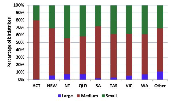 figure 37: percentage of birds struck by bird size for each state for the 2004-2013 period