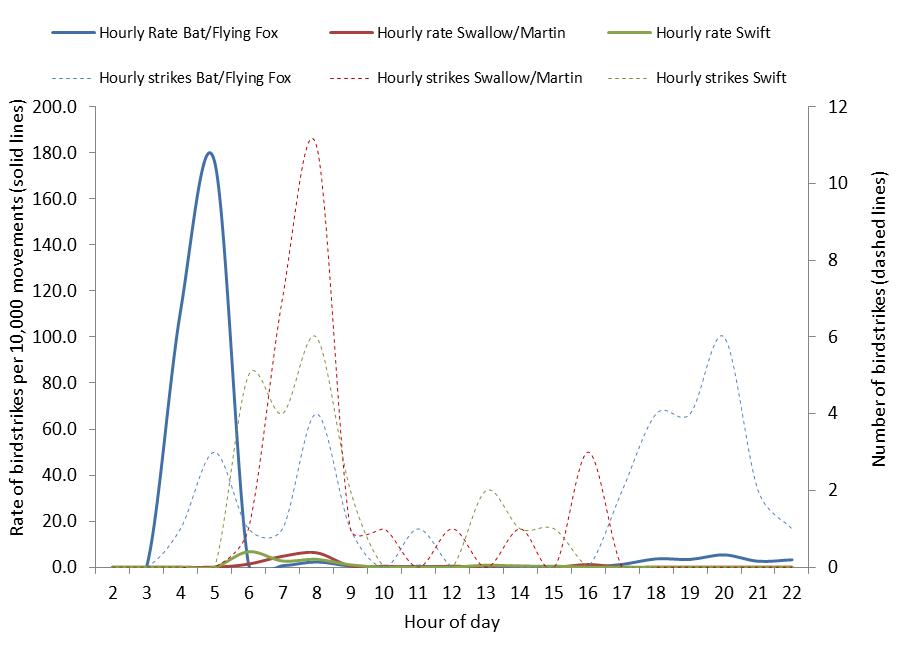 figure 52: hourly strike counts and strike rates per 10,000 movements for the top three species (where known) struck at gold coast aerodrome, 2004 – 2013. the strike rates are displayed by solid lines (left side axis), the strike counts are displayed by dotted lines (right side axis).