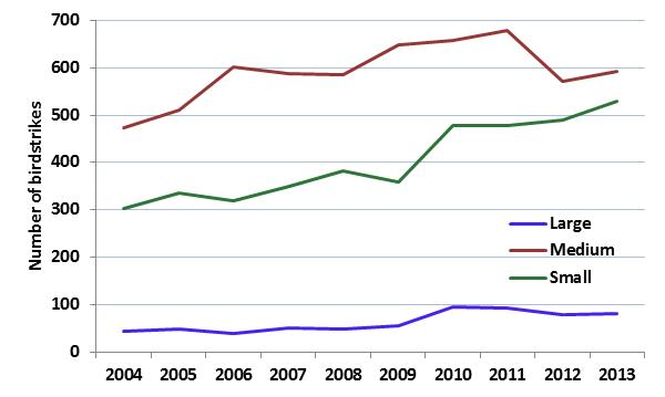 figure 36: number of birdstrikes by bird size, 2004 to 2013