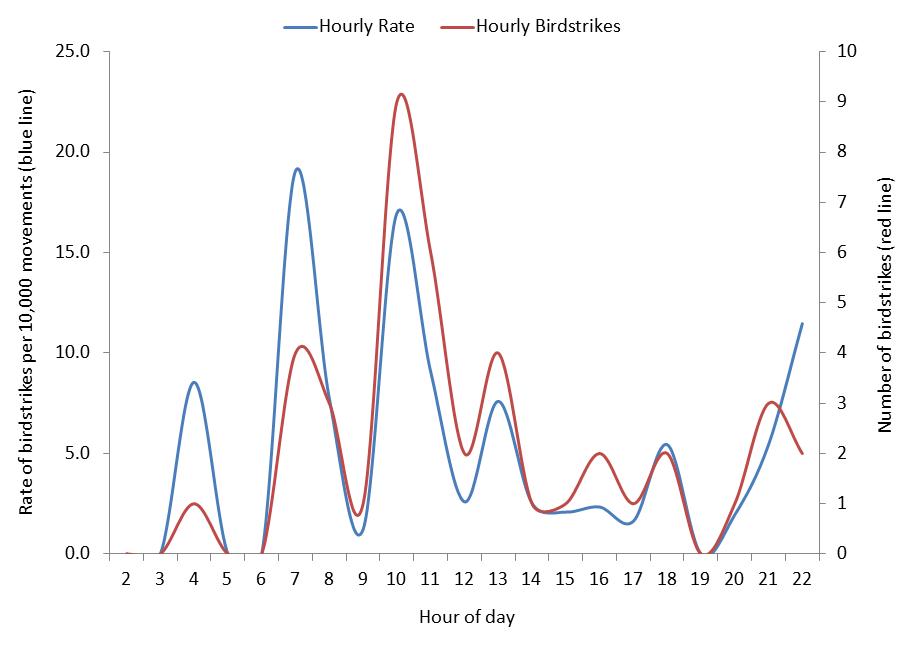 figure 53: total hourly birdstrike counts and rates per 10,000 movements for hobart aerodrome, 2010 – 2013. the strike rate is displayed in blue (left side axis); the strike count is displayed in red (right side axis).