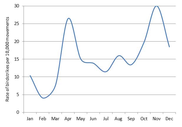 figure 73: monthly birdstrike rates for avalon aerodrome, 2004 - 2013