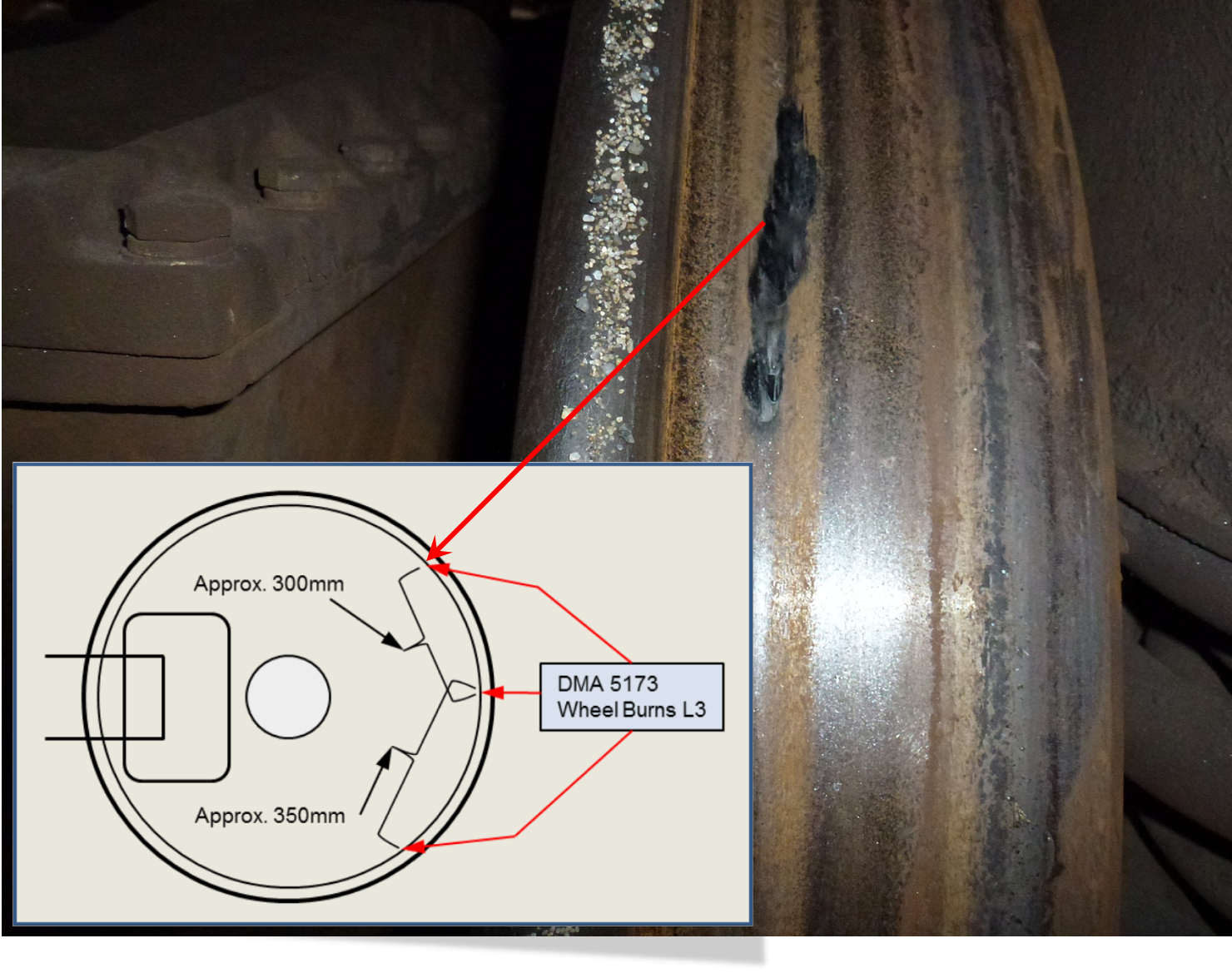 figure 10: one of three wheel slide burns on car 5173, trailing bogie, wheel l3 