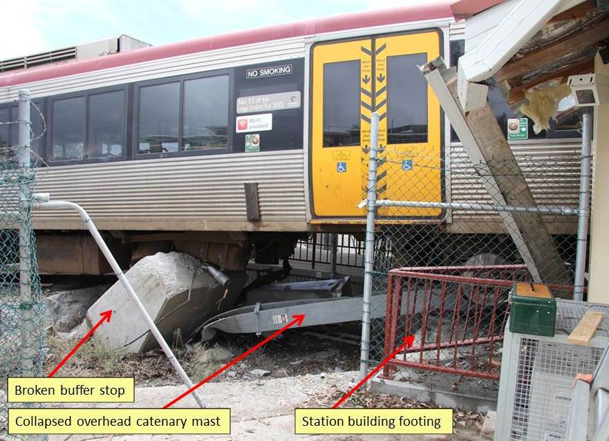 figure 2: view of lead passenger car bridging the buffer stop and the overhead catenary mast.