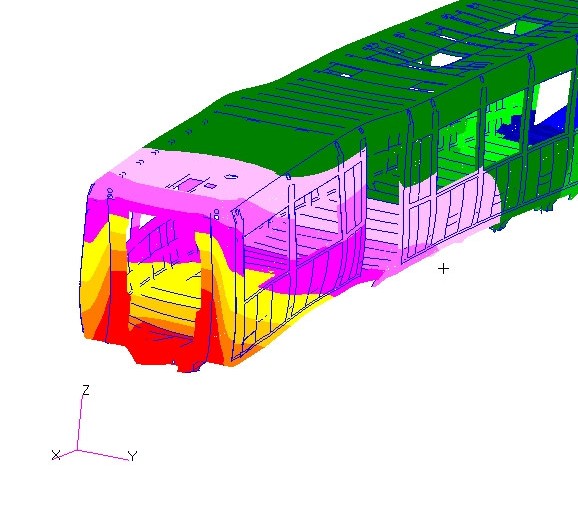 figure 12: finite element analysis of imu160 and smu260 class showing stress concentration levels of the car body resulting from a frontal collision load of 2600 kn at floor level. (maximum longitudinal car body deflection = 21.9 mm at end wall)