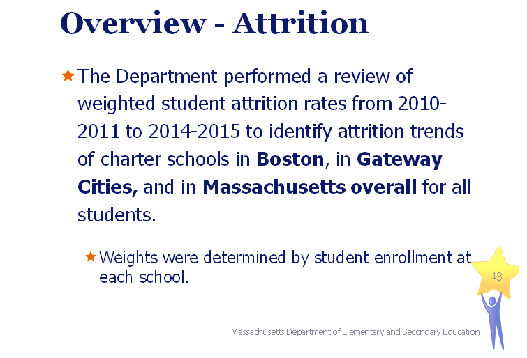 overview - attrition the department performed a review of weighted student attrition rates from 2010-2011 to 2014-2015 to identify attrition trends of charter schools in boston, in gateway cities, and in massachusetts overall for all students. weights were determined by student enrollment at each school. 