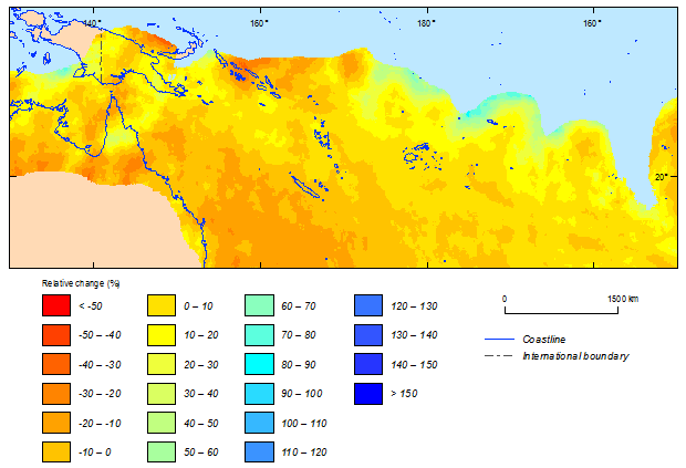 this picture shows the relative change between current (1981-2000) and future (2081-2100) climatic simulations in 500-year return period cyclonic wind speeds for the southern hemisphere based on ipsl-cm5a model.