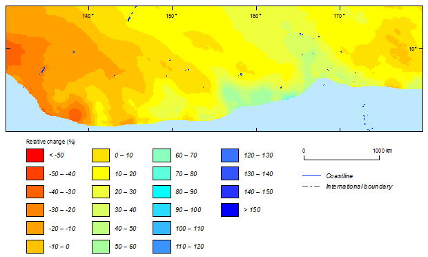 this picture shows the relative change between current (1981-2000) and future (2081-2100) climatic simulations in 500-year return period cyclonic wind speeds for the northern hemisphere based on csiro-mk3.6 model.