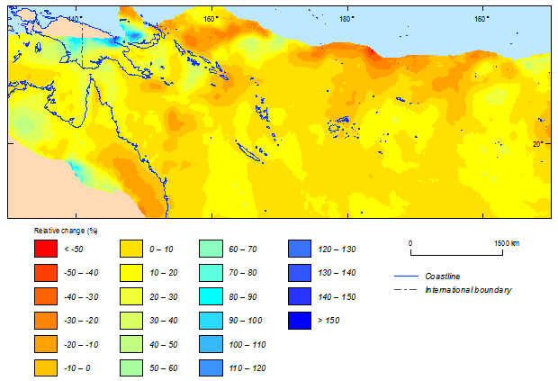 this picture shows the relative change between current (1981-2000) and future (2081-2100) climatic simulations in 500-year return period cyclonic wind speeds for the southern hemisphere based on gfdl-esm2m model.