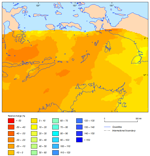 this picture shows the relative change between current (1981-2000) and future (2081-2100) climate simulations in 500-year return period cyclonic wind speeds for east timor based on bcc-csm1m model using tcrm.