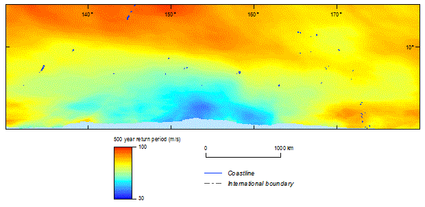 this picture shows the 500-year return period cyclonic wind speeds for northern hemisphere. the 500-year return period cyclonic wind was calculated based on the historical track record between 1981 and 2011 using tcrm.