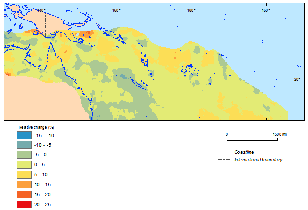 this picture shows the relative change between current (1981-2000) and future (2081-2100) climate simulations in 500-year return period cyclonic wind speeds for the southern hemisphere based on cmip5 ensemble models.