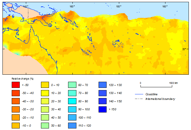 this picture shows the relative change between current (1981-2000) and future (2081-2100) climatic simulations in 500-year return period cyclonic wind speeds for the southern hemisphere based on mri-cgm3 model.