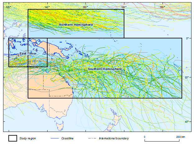 this picture shows the spatial distribution for the historical best-track record data (ibtracs) between 1981 and 2011 for tropical cyclones.