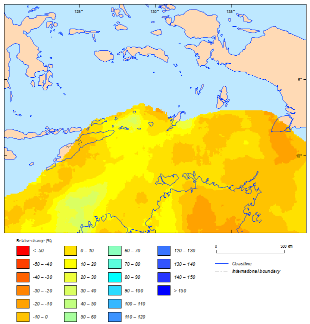 this picture shows the relative change between current (1981-2000) and future (2081-2100) climatic simulations in 500-year return period cyclonic wind speeds for east timor based on csiro-mk3.6 model.