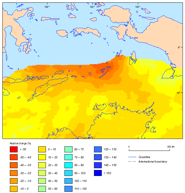 this picture shows the relative change between current (1981-2000) and future (2081-2100) climatic simulations in 500-year return period cyclonic wind speeds for east timor based on mri-cgm3 model.