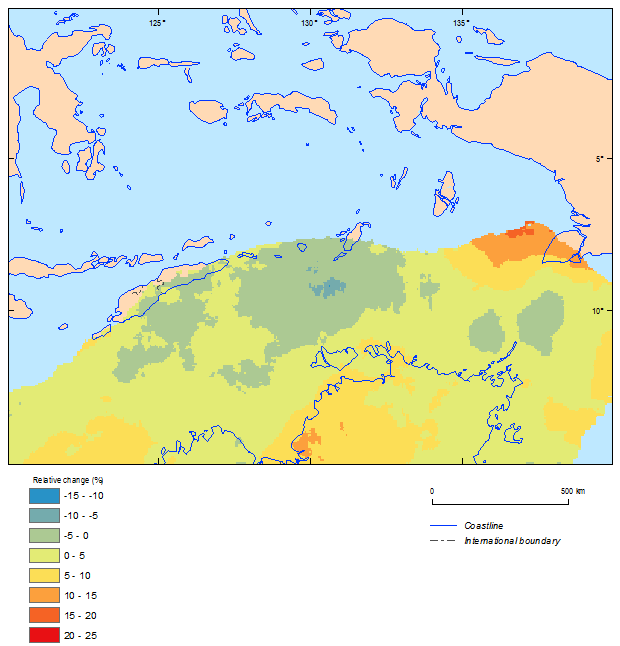 this picture shows the relative change between current (1981-2000) and future (2081-2100) climate simulations in 500-year return period cyclonic wind speeds for east timor based on cmip5 ensemble models.