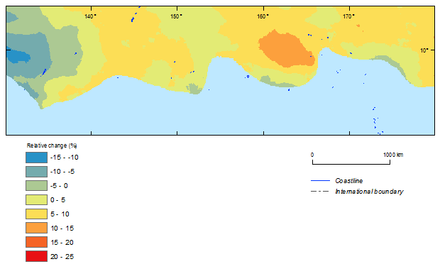 this picture shows the relative change between current (1981-2000) and future (2081-2100) climate simulations in 500-year return period cyclonic wind speeds for the northern hemisphere based on cmip5 ensemble models.