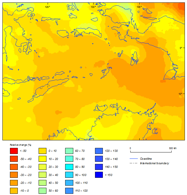 this picture shows the relative change between current (1981-2000) and future (2081-2100) climatic simulations in 500-year return period cyclonic wind speeds for east timor based on noresm1-m model.