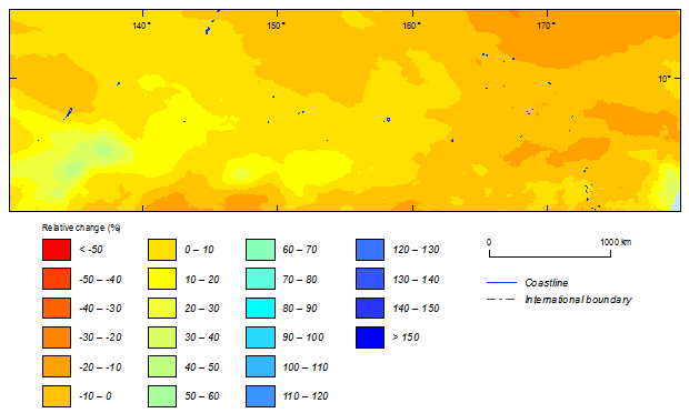 this picture shows the relative change between current (1981-2000) and future (2081-2100) climatic simulations in 500-year return period cyclonic wind speeds for the northern hemisphere based on noresm1-m model.