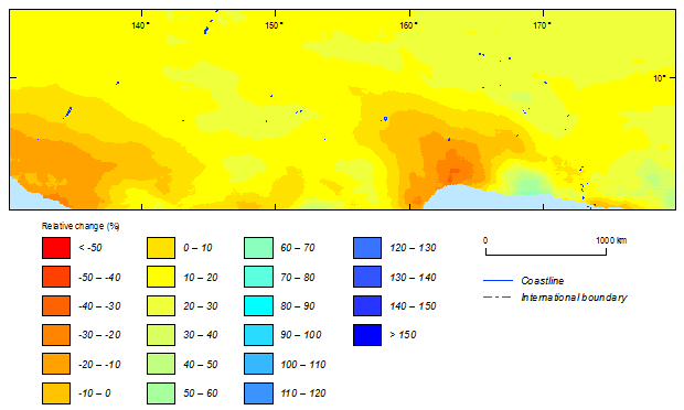 this picture shows the relative change between current (1981-2000) and future (2081-2100) climatic simulations in 500-year return period cyclonic wind speeds for the northern hemisphere based on gfdl-esm2m model.