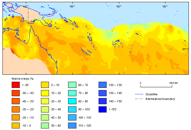 this picture shows the relative change between current (1981-2000) and future (2081-2100) climatic simulations in 500-year return period cyclonic wind speeds for the southern hemisphere based on csiro-mk3.6 model.