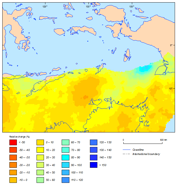 this picture shows the relative change between current (1981-2000) and future (2081-2100) climatic simulations in 500-year return period cyclonic wind speeds for east timor based on ipsl-cm5a model.