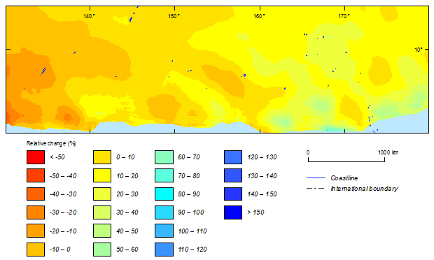 this picture shows the relative change between current (1981-2000) and future (2081-2100) climate simulations in 500-year return period cyclonic wind speeds for the northern hemisphere based on bcc-csm1m model using tcrm.