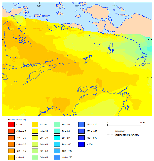 this picture shows the relative change between current (1981-2000) and future (2081-2100) climatic simulations in 500-year return period cyclonic wind speeds for east timor based on gfdl-esm2m model.