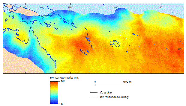 500-year return period cyclonic wind speeds for the southern hemisphere based on the historical track record (1981-2011) using tcrm