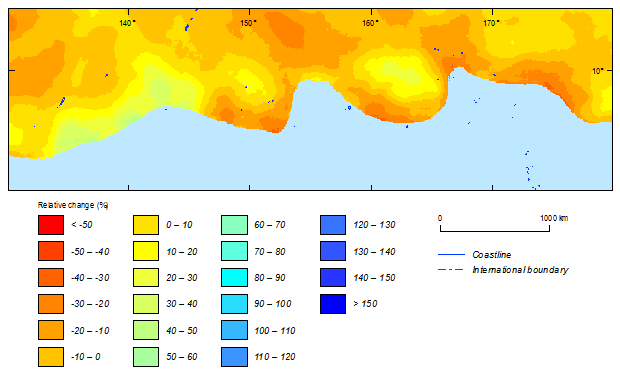 this picture shows the relative change between current (1981-2000) and future (2081-2100) climatic simulations in 500-year return period cyclonic wind speeds for the northern hemisphere based on ipsl-cm5a model.