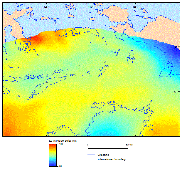 this picture shows the 500-year return period cyclonic wind speeds for east timor. the 500-year return period cyclonic wind was calculated based on the historical track record between 1981 and 2011 using tcrm.