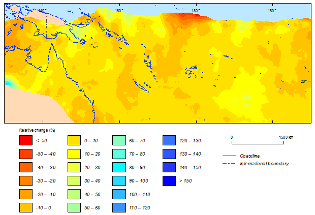 this picture shows the relative change between current (1981-2000) and future (2081-2100) climate simulations in 500-year return period cyclonic wind speeds for the southern hemisphere based on bcc-csm1m model using tcrm.