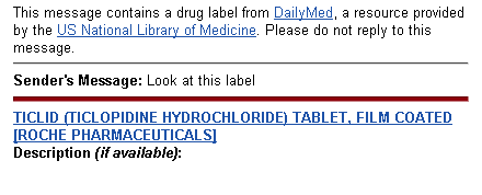 message sent from dailymed about information pertaining to ticlid (ticlopidine hydrochloride) tablet, if viewed from a mobile device.