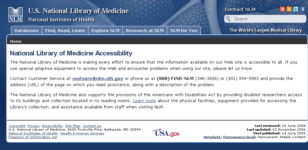 shows the view of nlm accessibility page when using a desktop computer.