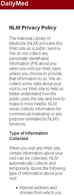 shows nlm\'s private policy and type of information collected on the mobile device view.