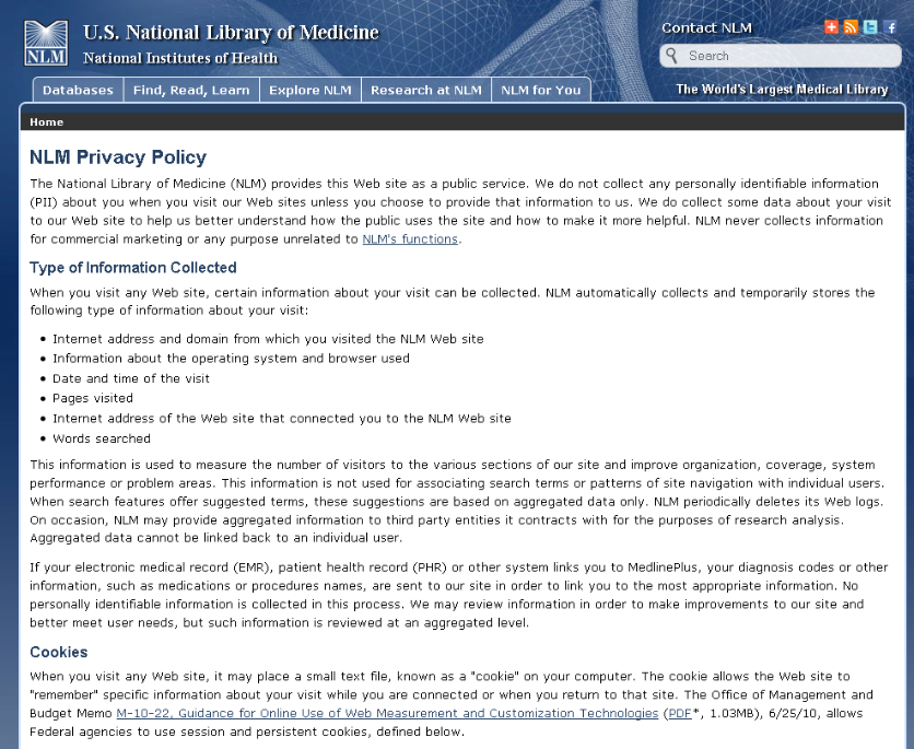 shows the desktop version of the nlm\'s private policy, type of information collected, and the cookies.