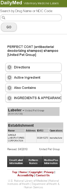 shows the mobile device view of dailymed veterinary medicine labels.