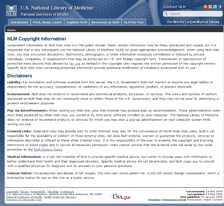 shows nlm copyright information webpage when viewed through the desktop.