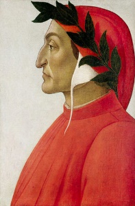 head-and-chest side portrait of dante in red and white coat and cowl